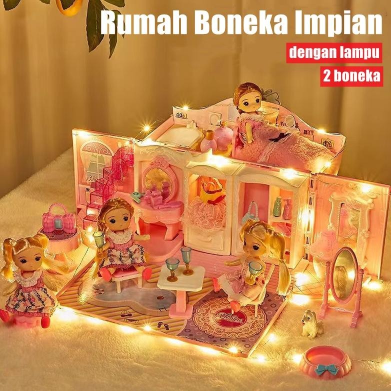 Tru Mainan Rumah Boneka Perempuan Tas Tangan 3D Princess Pink Castle Dengan Lampu Hadiah Ulang Gadis Berusia 2