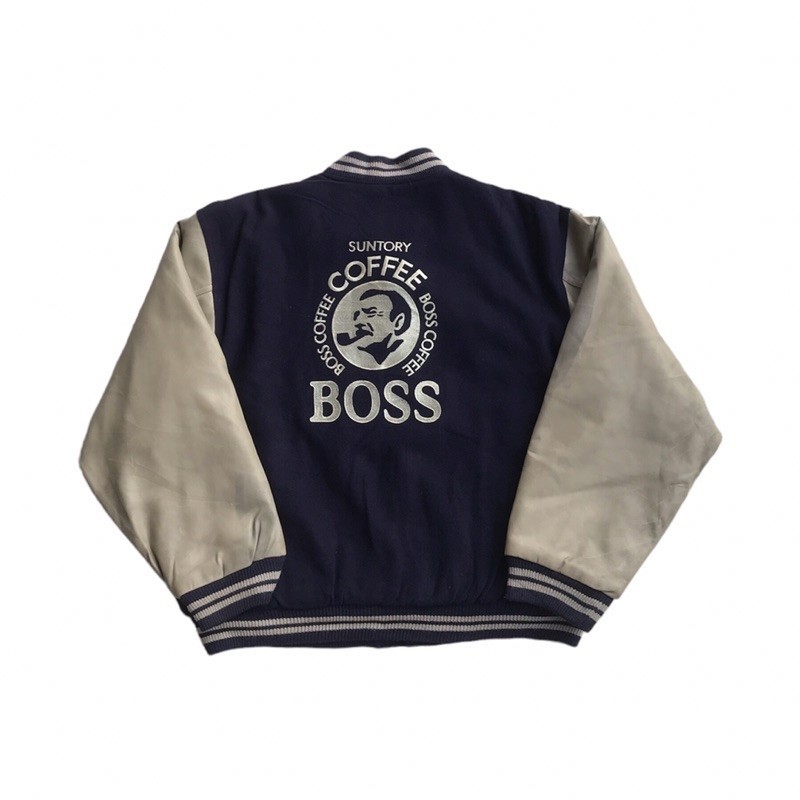Varsity Suntory Boss coffee wool leather vtg jacket