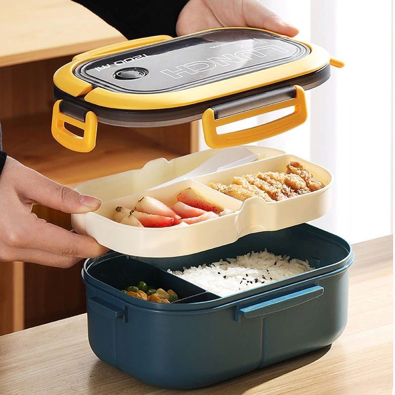 Kotak Makan Anti Tumpah Lunch Box Double Layer 3 Grid 1.2L