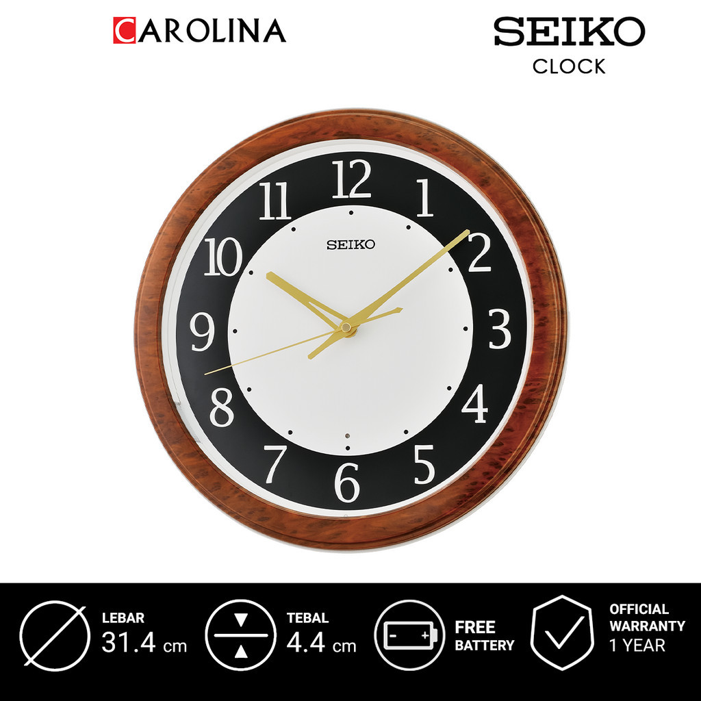 Jam Dinding QXA788Z SEIKO Analog Black White Dial Brown Wood Pattern Plastic Case Auto LED Wall Cloc