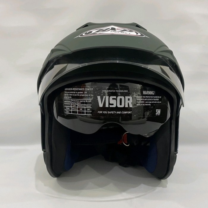 Helm - Helm Motor Jp 7 Polos Hijau Army Doff Dewasa Sudah Sni (Double Visor)