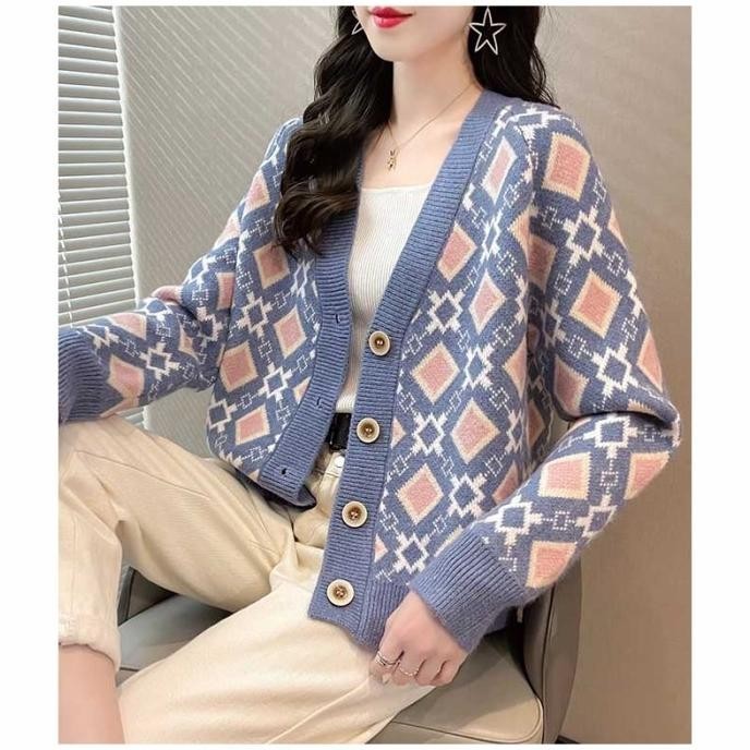 Cardigan rajut wanita ungu muda motif gambar cantik Korea model kanci