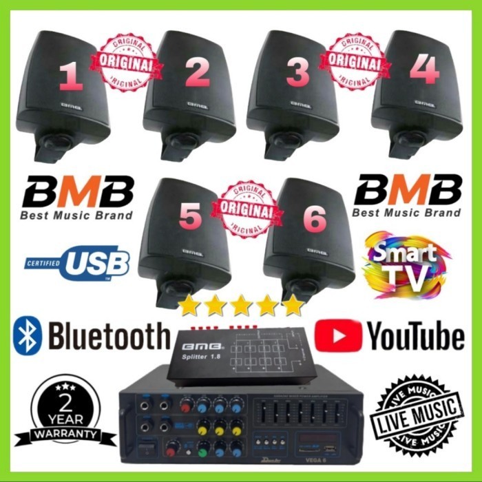 PAKET SET SOUND 6 TITIK SPEAKER BMB BUAT CAFE, SALON, MESJID, MUSHOLA,