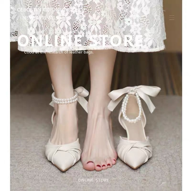 【Ready】Sepatu hak tinggi 7cm Prancis sepatu hak tinggi wanita sepatu hak tinggi sandal putih sepatu 