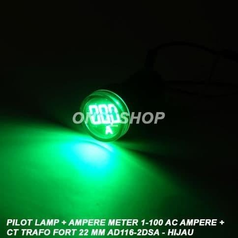 Pilot Lamp + Ampere Meter 1-100 AC Ampere + CT Trafo FORT 22 mm -Hijau