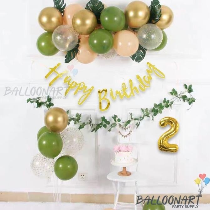 Retro Sage Green And Gold Birthday Decoration Set/Dekorasi Ultah Anak
