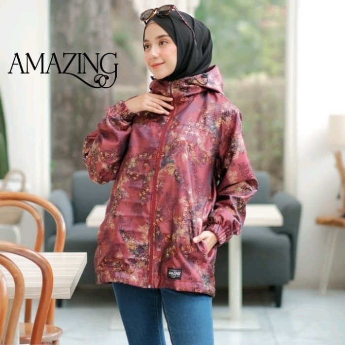 READY jaket motif corak wanita maroon 02 parasut import