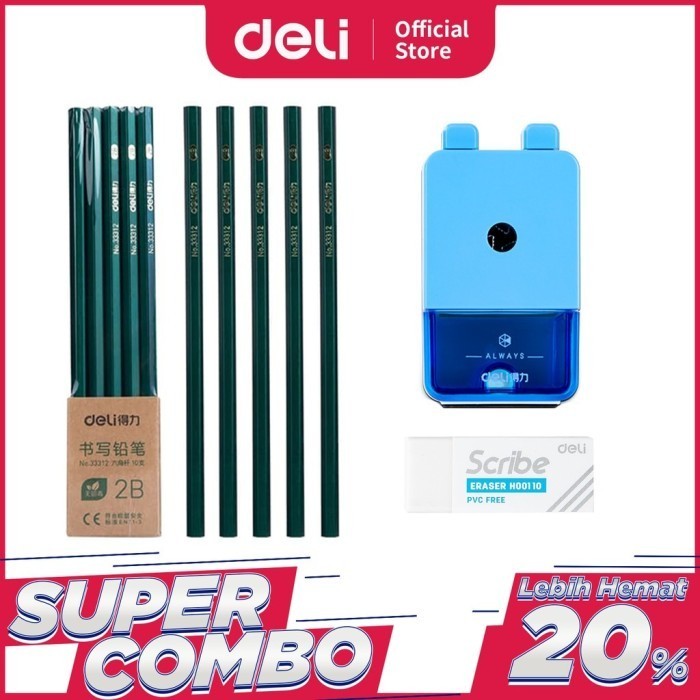 

Deli Combo Set 2 - 10 Pc Pensil 2B, 3 Pc Penghapus, Rautan Putar Blue -fo3