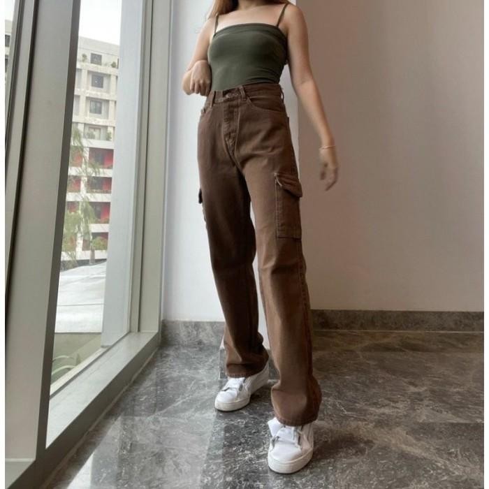BISA COD - CELANA CARGO HIGHWAIST LOOSE JEANS WANITA WARNA CREAM & HIJAU