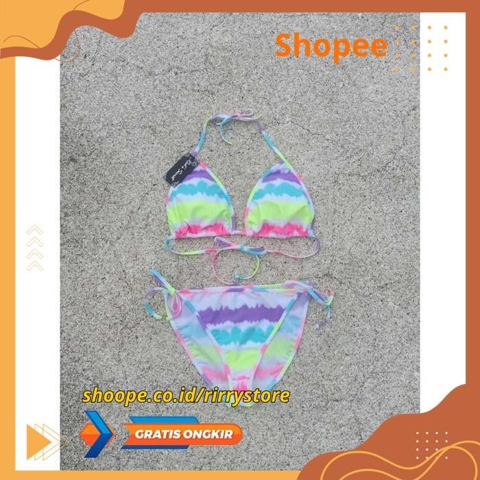 BIKINI PANTAI SEGITIGA SET DENGAN BUSA BIKINI 3301 R MOTIF PELANGI - BIKINI PANTAI SEGITIGA SET DENG