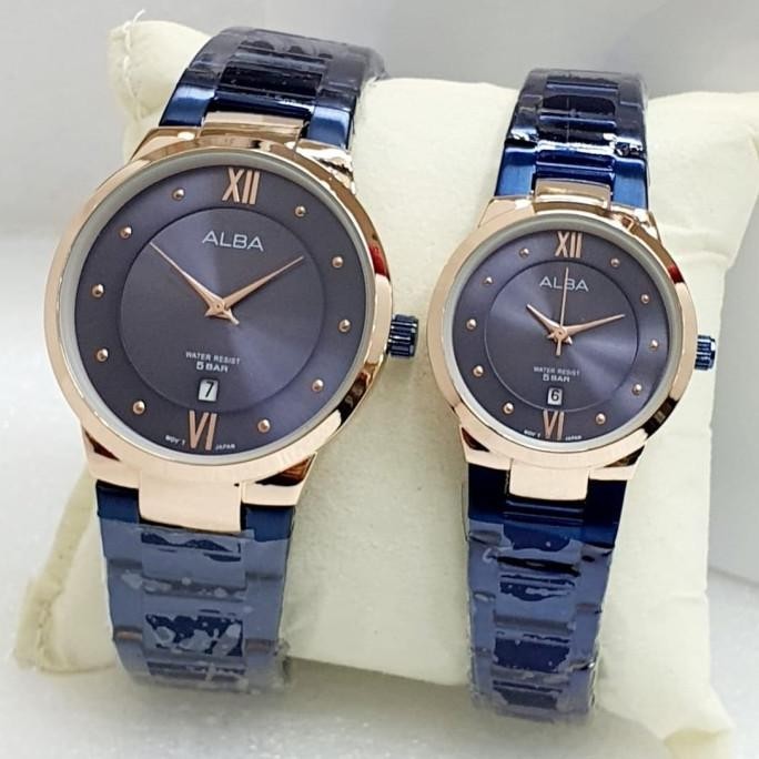 New Jam Tangan Alba Couple Rantai Blue Rosegold Tgl Aktif Original