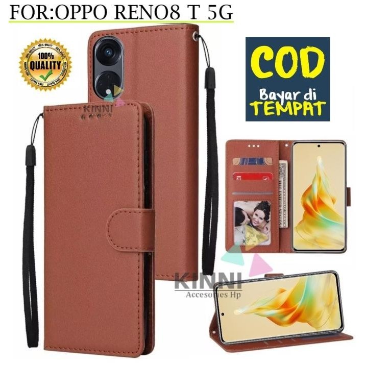New - Flip Case Oppo Reno8 T 5G Casing Hp Leather Dompet Kulit Flip Cover - Hitam ,.