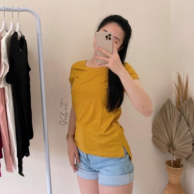 Terbaik Velvet Clothing - Kaos Wanita Import Round Neck Pocket - kuning lemon 