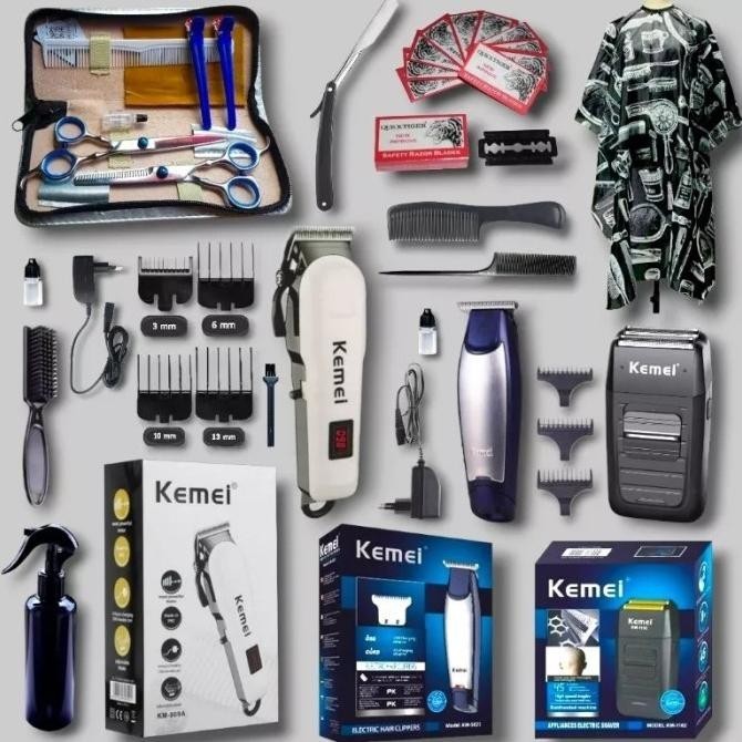 Paket Barber Pro Alat CukurLengkap Original Kemei /Alat Barbershop