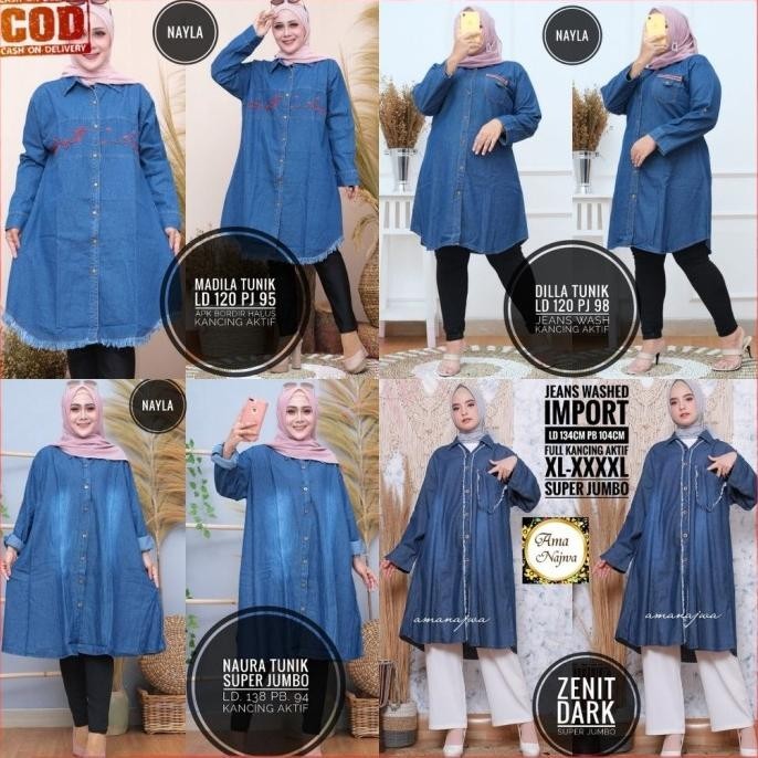 Baju Wanita Dewasa Tunik Jeans Jumbo Ld 120 Ld 130 Ld 140 Ld 150