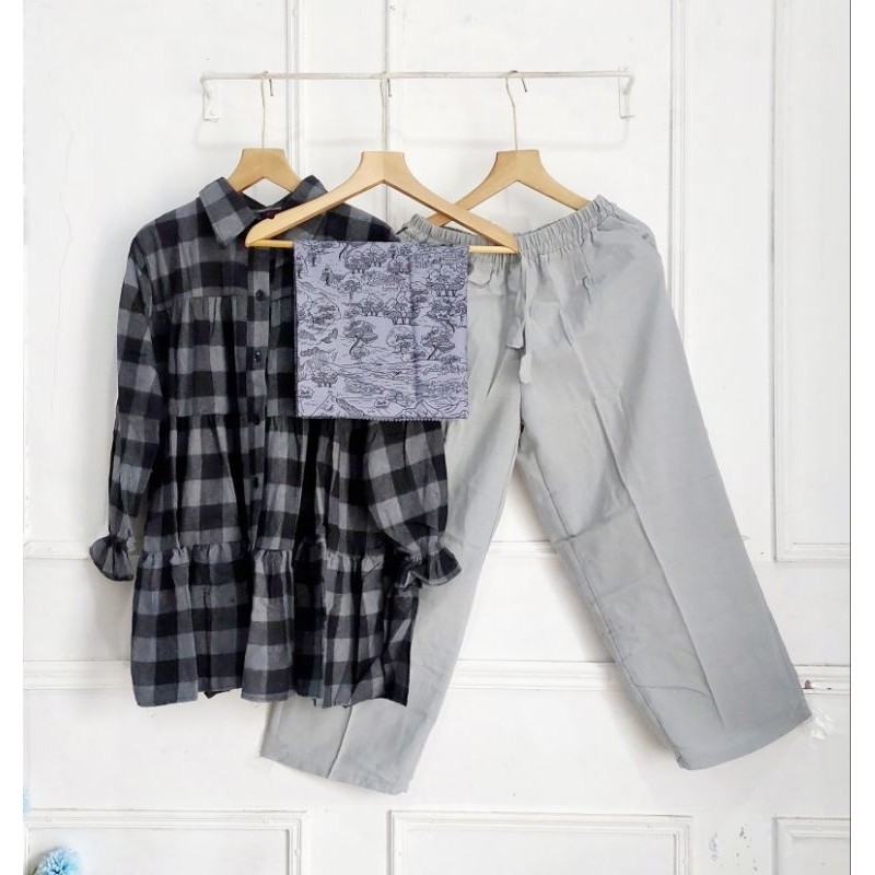 [ONLINE EXCLUSIVE] One Set Blouse Kotak Kulot Linen XXL Jumbo // Set Cel Tunik Linen // Set Celana