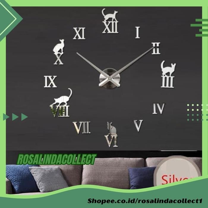 JAM DINDING BESAR DIY CREATIVE DESIGN MODEL KUCING LUCU - SILVER PRODUK BEST PRODUK 