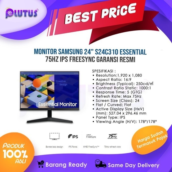 Terlaris Monitor Samsung 24" 75Hz S24R350 Ips Fhd Hdmi Led S24R350Fhe Promo Terbaru
