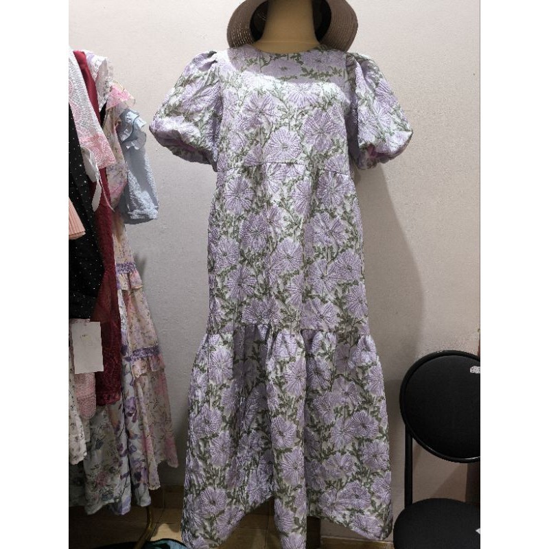 Dress Bunga-bunga ungu timbul Elegan Cantik Vintage European style