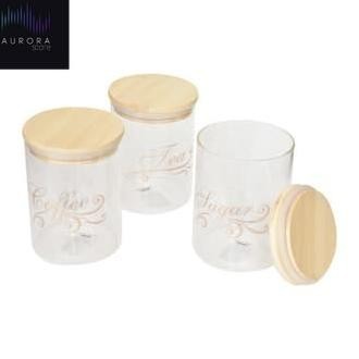 Toples Kaca Tutup Kayu Bambu Tempat Wadah Teh Gula Kopi Set Keira Gisellemarsya