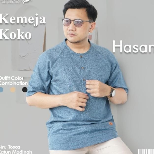 Baju Koko Warna Biru Tosca Wardah Katun Madina Muslim Pria Murah