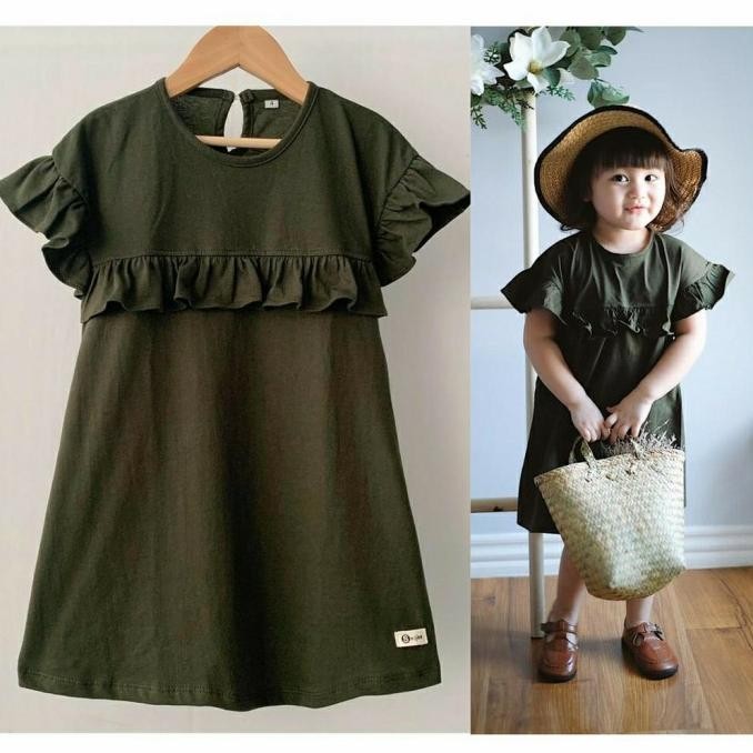 Promo - Daster Anak Rufel Polos Smilee Warna Hijau Army - Dress Anak Perempuan - size 2tahun 