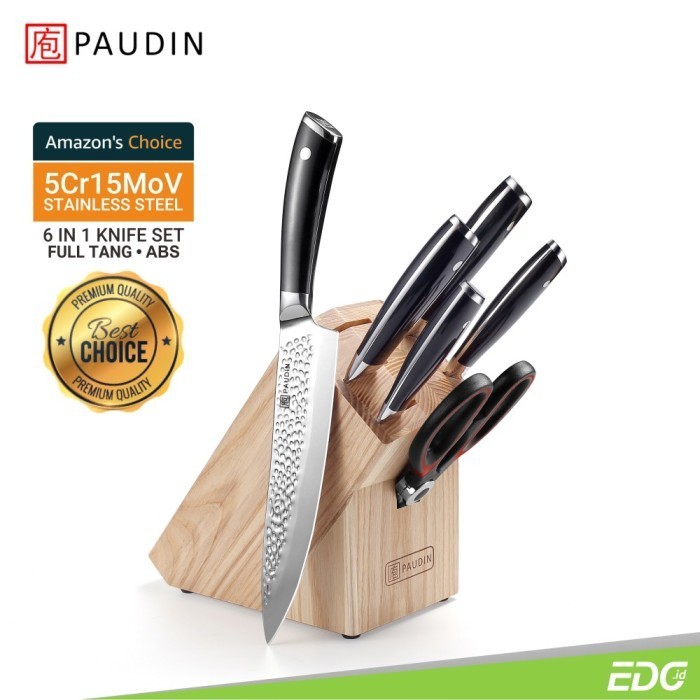 Tersedia Pisau Dapur Paudin Ht1 6-In-1 Block Kitchen Knife Set Stainless Steel