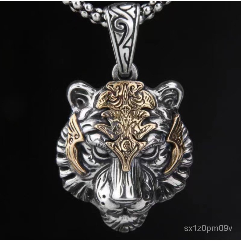 Tahun Zodiak Thailand Liontin Harimau Zodiak Perak Kalung Kepala Harimau Mendominasi Pria Trendi Coc