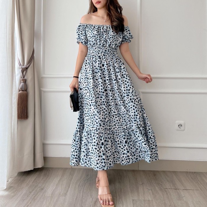 8-986 Maxi Long Dress Wanita Dress Sabrina Pantai Dress Leopard