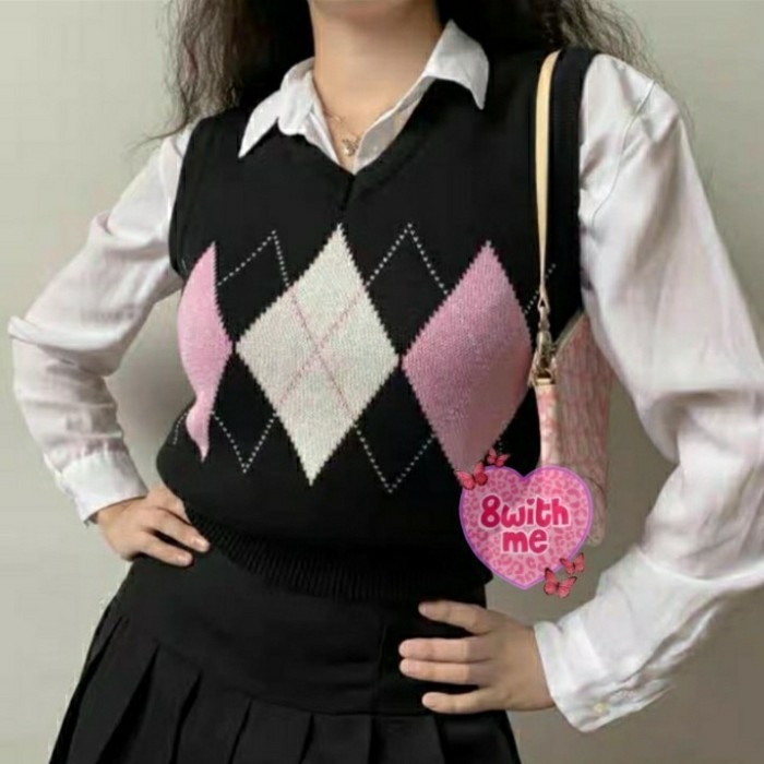 Argyle Vest Korea Knit Pink Rompi Rajut Sido Ketupat Atasan Sweater