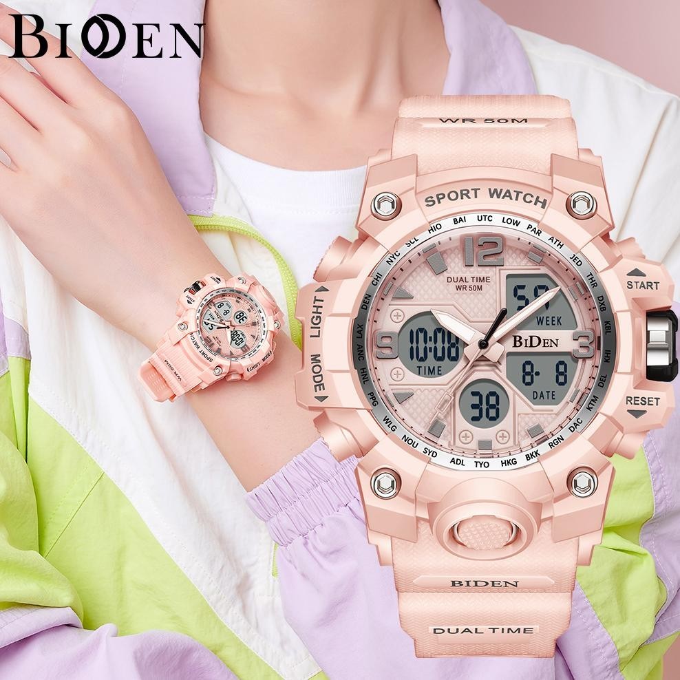{JAM} BIDEN Jam Tangan Wanita Digital Analog R010 Original Multifungsi Olahraga STali Silikon Anti A