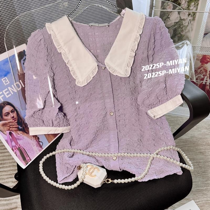 Kemeja Ungu Blus Kerah Peter Pan Pendek Atasan Manis Lengan Pendek Wanita