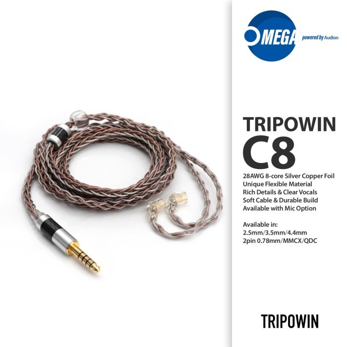 TRIPOWIN C8 8-core Silver Copper Foil Upgrade Kabel IEM Mic/No Mic