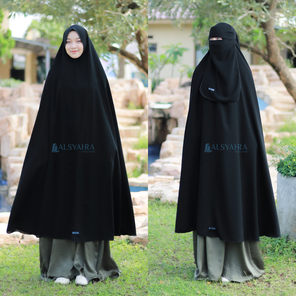 Promo Mega Sale 2.2 // Alsyahra Exclusive Set Khimar Syari Al Haramain Niqab Bandana Jetblack