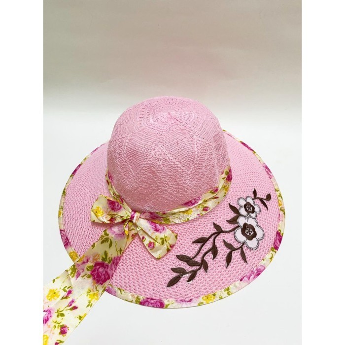 Murah Topi pantai wanita pita bunga import Topi pantai pita lebar
