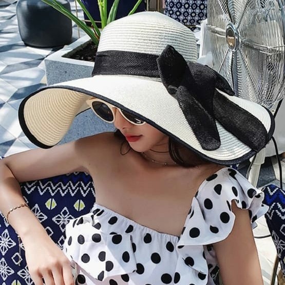 New Topi Pantai Jerami Pita Hitam Lebar Premium Korea Import Wanita