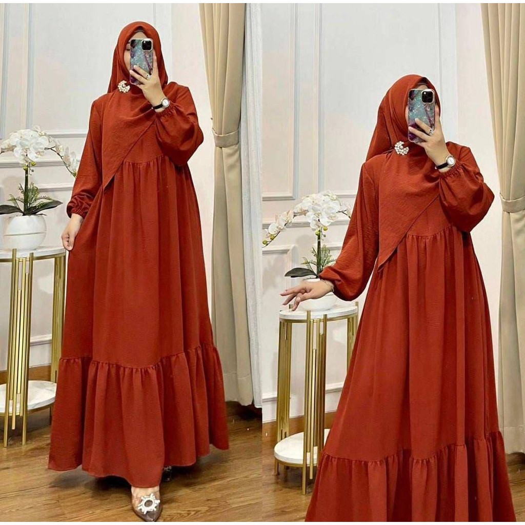 Arumi Gamis Dewasa Jumbo Resleting Depan Rufle Bawah Lebar Cronkle Airflow Premium Set Hijab Segi 4 