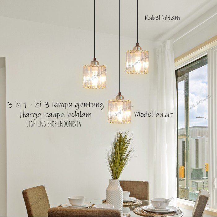 Lampu Gantung Kaca Kristal 3In1 Void Kop Bulat Modern Meja Makan 1Set