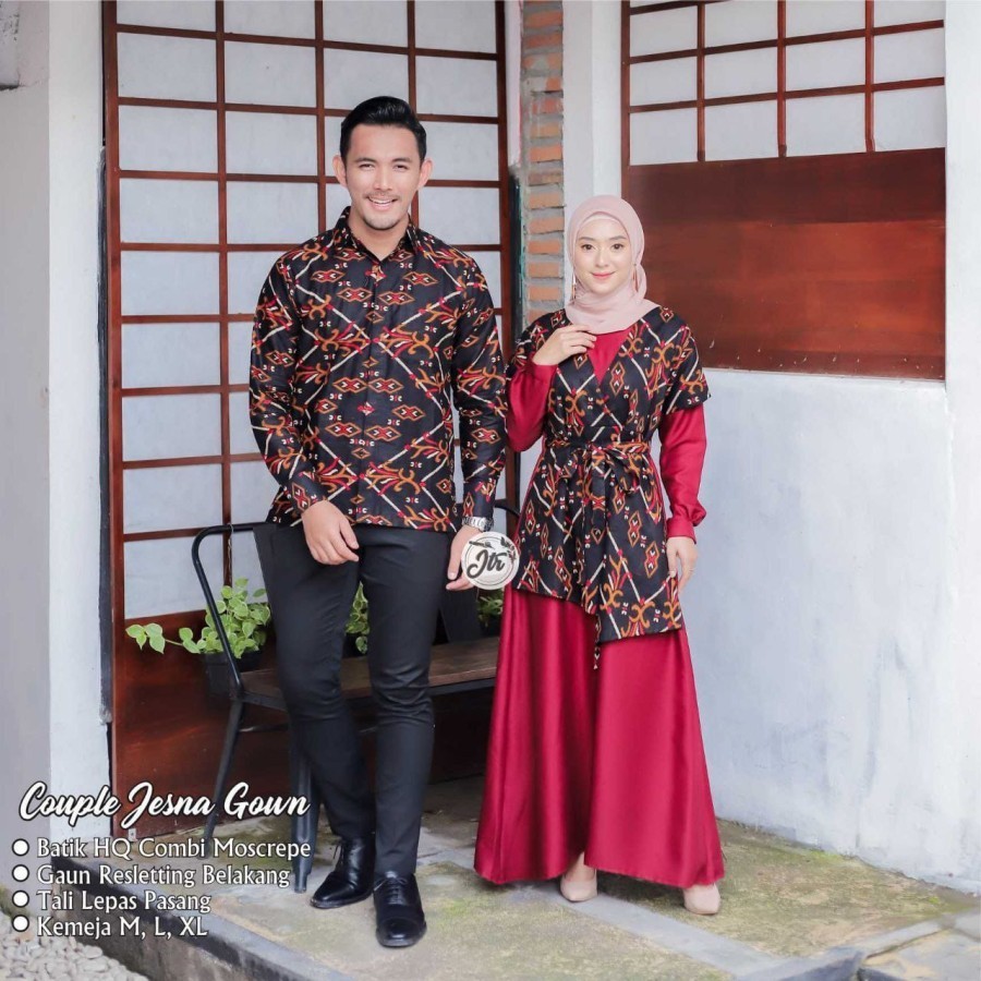 Batik Couple Gamis Wanita Modern Gamis Batik Kombinasi Songket Terbaru - Merah