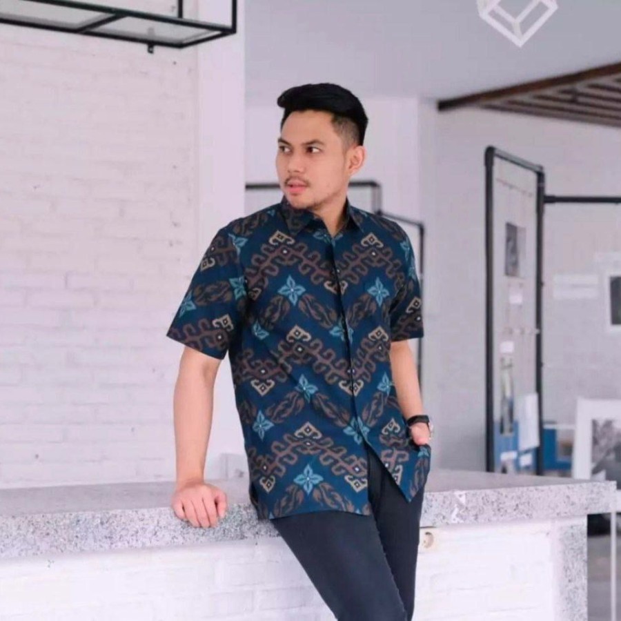KEMEJA PRIA BATIK LENGAN PENDEK MOTIF TERBARU BAJU COWOK DEWASA KEREN - Biru, Lengan Pendek