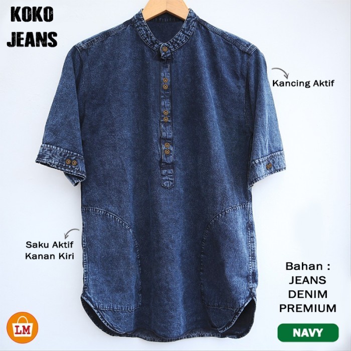 Baju Pria Muslim Koko Jeans Lengan Pendek Bahan Denim M-Xxl / 22083