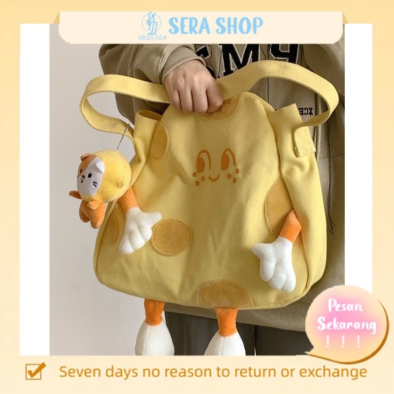 

❃☌Sera Korea Lucu Keju Keju Tas Kanvas Wanita Jepang Chic Lembut Gadis Tote Bag Siswa Kelas Tas Bahu