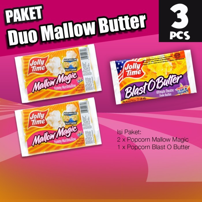 

Paket Duo Mallow Butter (2MM, 1BOB) - Jolly Time Mircowave Popcorn