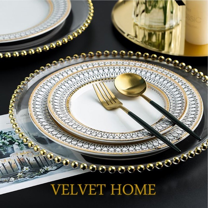 Set Piring Makan 3-In-1 Fine Dining Putih Lis Gold Keramik Kaca Nordic