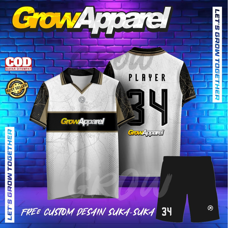 GROW JERSEY KERAH DESIGN KEREN BOLA FUTSAL GOLD HITAM PUTIH PETA berkerah VINTAGE BAJU SANTAI