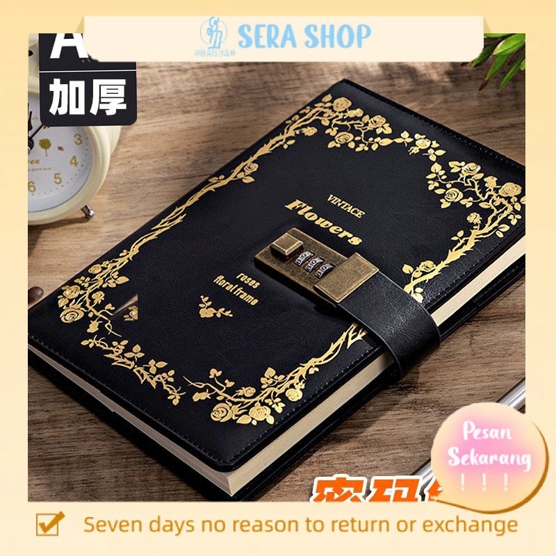 

▽✆Sera A5 password buku dengan kunci diary perempuan menebal retro kreatif tangan buku besar siswa notepad alat tulis notebook