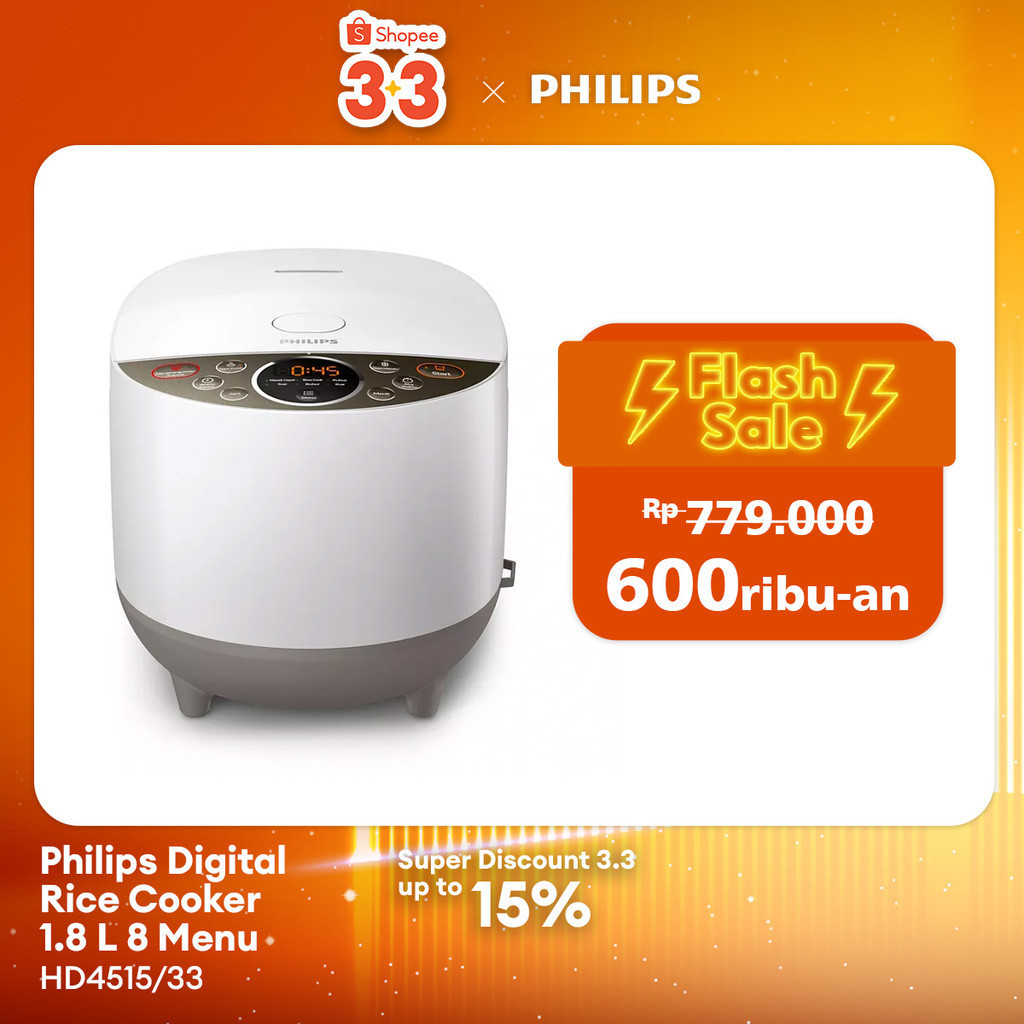 MURAH (BNM) PHILIPS 1.8L DIGITAL RICE COOKER HD4515/33 - 400WATT, 8 MENU, WHITE, PUTIH, MEJIKOM