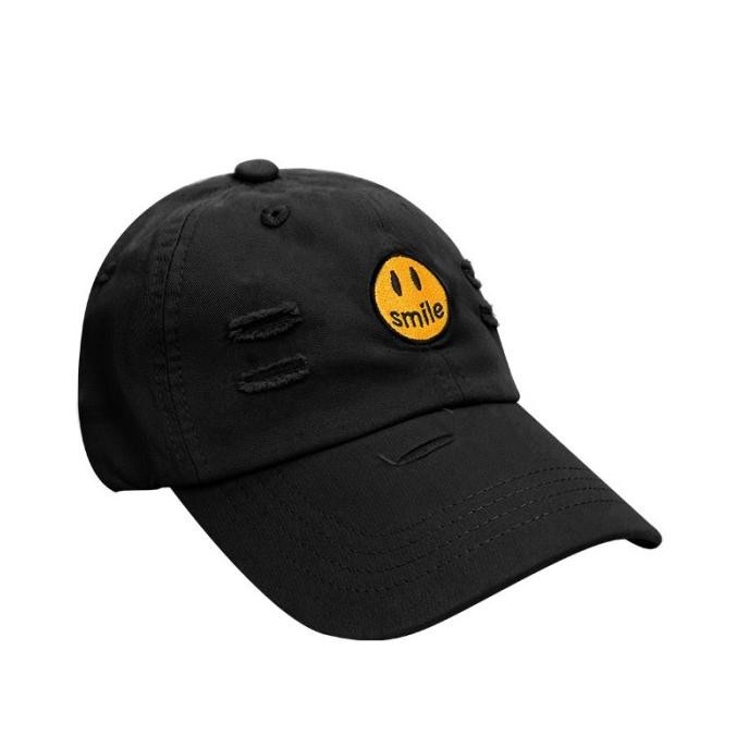 Kkv Topi Baseball Cap Bordir Emoji Smile Happy Face Ripped Style