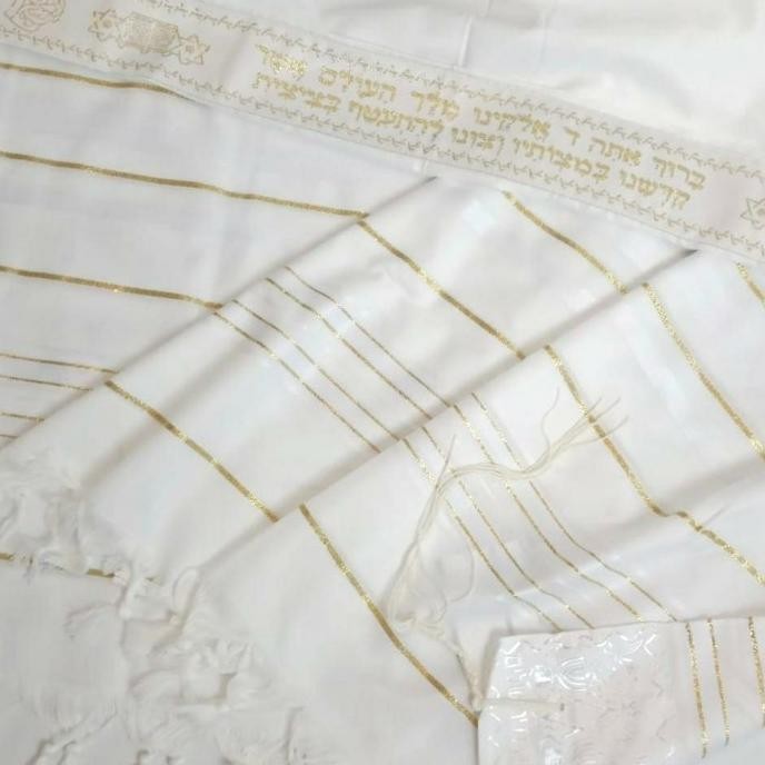 Selendang Doa White-Gold Acrylic Tallit Gadol Kosher By Israel