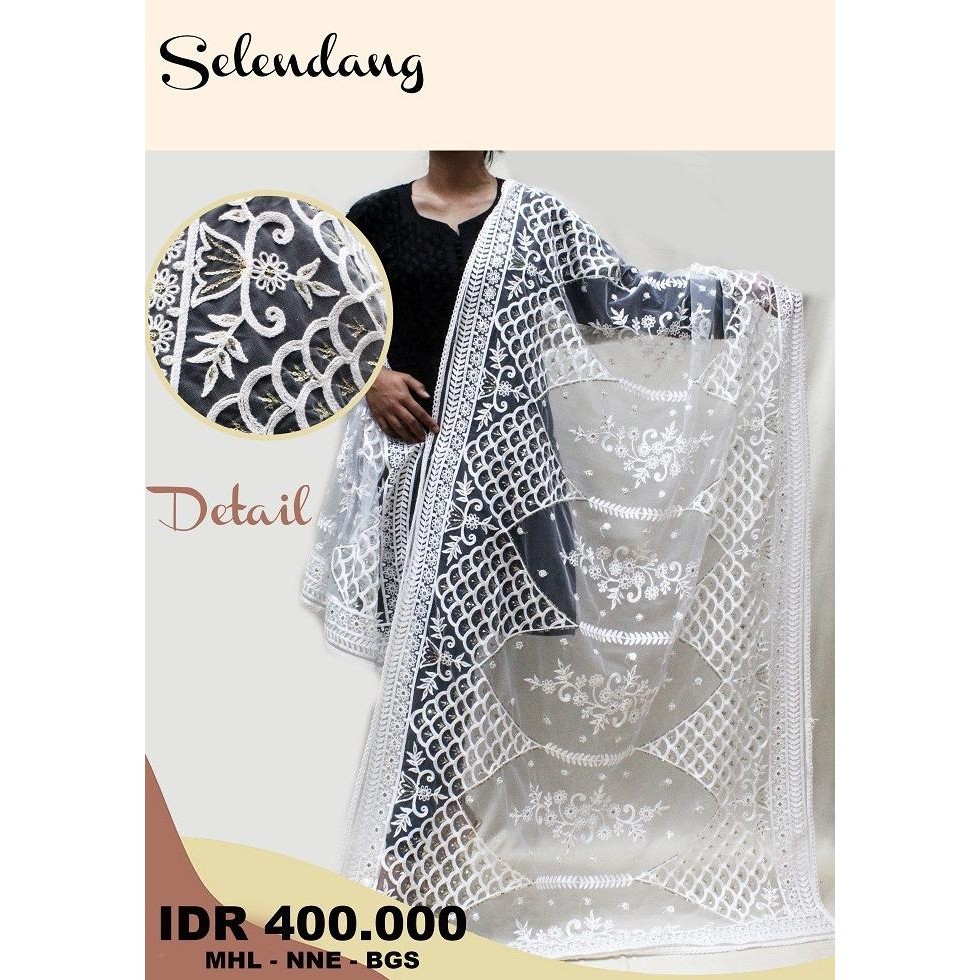 Selendang Tile Akar Bunga Putih India (Kain / Bahan / Syal )